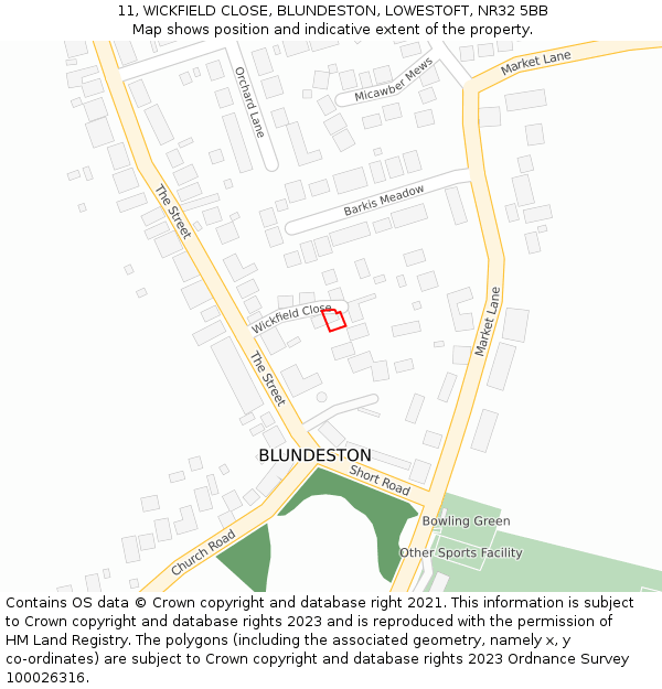 11, WICKFIELD CLOSE, BLUNDESTON, LOWESTOFT, NR32 5BB: Location map and indicative extent of plot