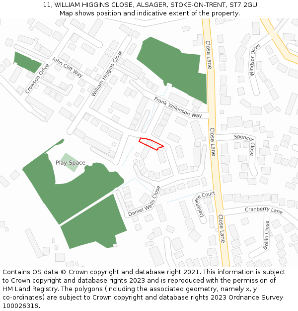 11, WILLIAM HIGGINS CLOSE, ALSAGER, STOKE-ON-TRENT, ST7 2GU: Location map and indicative extent of plot