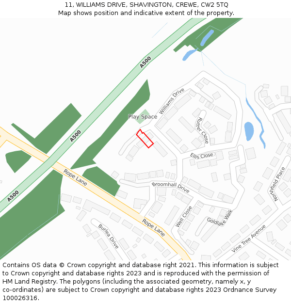 11, WILLIAMS DRIVE, SHAVINGTON, CREWE, CW2 5TQ: Location map and indicative extent of plot