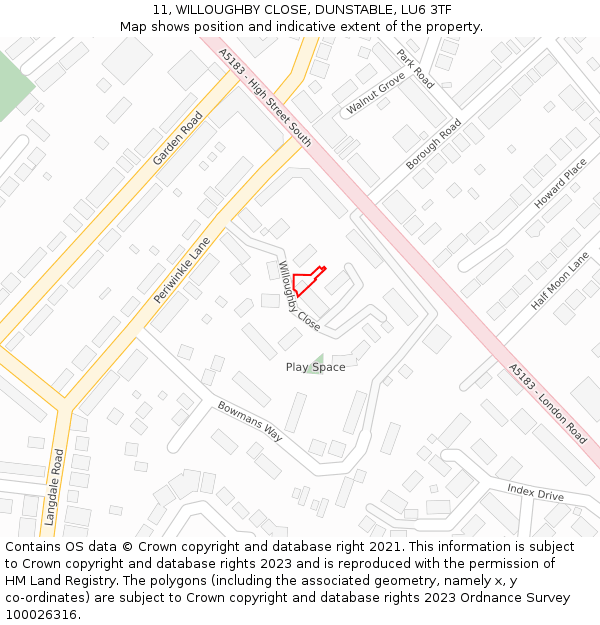 11, WILLOUGHBY CLOSE, DUNSTABLE, LU6 3TF: Location map and indicative extent of plot