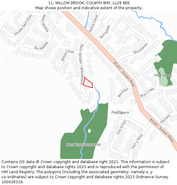 11, WILLOW BROOK, COLWYN BAY, LL29 8EE: Location map and indicative extent of plot