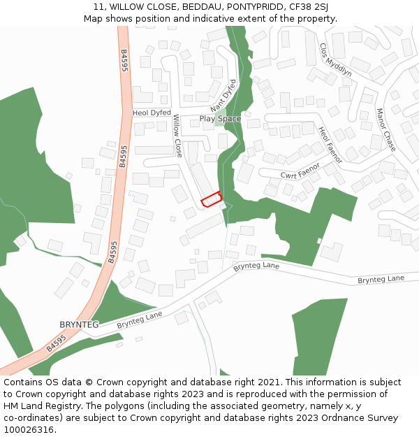 11, WILLOW CLOSE, BEDDAU, PONTYPRIDD, CF38 2SJ: Location map and indicative extent of plot