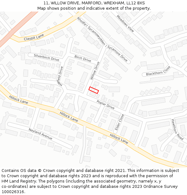 11, WILLOW DRIVE, MARFORD, WREXHAM, LL12 8XS: Location map and indicative extent of plot