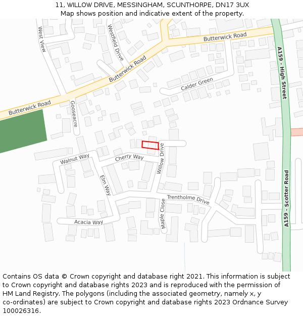 11, WILLOW DRIVE, MESSINGHAM, SCUNTHORPE, DN17 3UX: Location map and indicative extent of plot