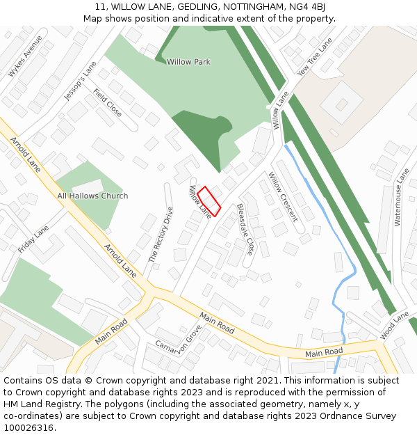 11, WILLOW LANE, GEDLING, NOTTINGHAM, NG4 4BJ: Location map and indicative extent of plot