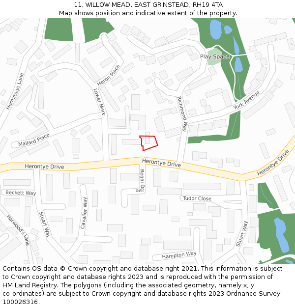 11, WILLOW MEAD, EAST GRINSTEAD, RH19 4TA: Location map and indicative extent of plot