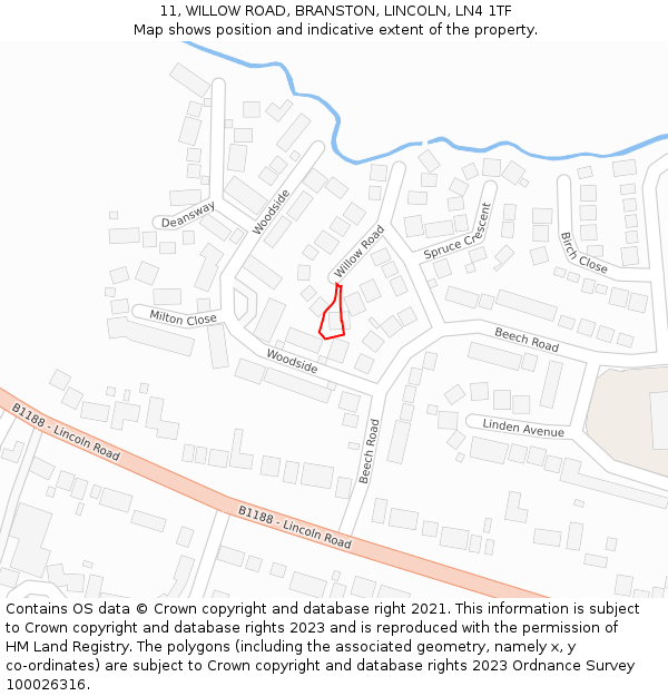 11, WILLOW ROAD, BRANSTON, LINCOLN, LN4 1TF: Location map and indicative extent of plot