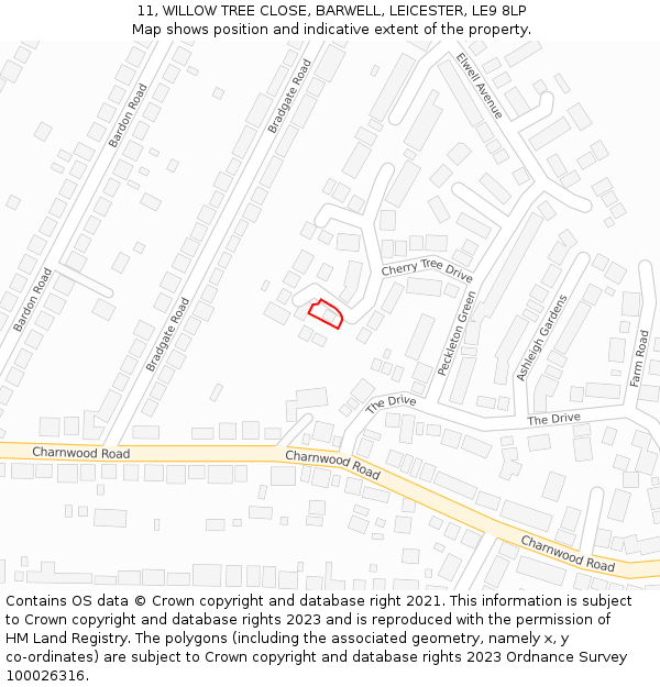 11, WILLOW TREE CLOSE, BARWELL, LEICESTER, LE9 8LP: Location map and indicative extent of plot