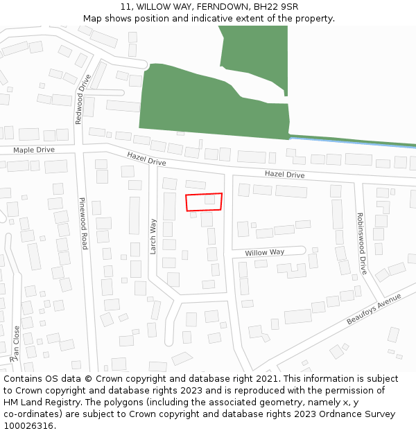 11, WILLOW WAY, FERNDOWN, BH22 9SR: Location map and indicative extent of plot