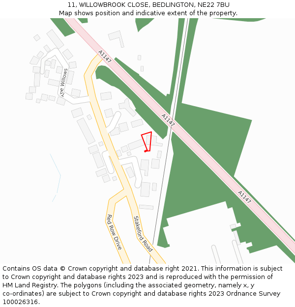 11, WILLOWBROOK CLOSE, BEDLINGTON, NE22 7BU: Location map and indicative extent of plot