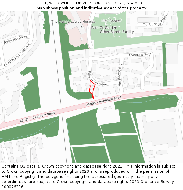 11, WILLOWFIELD DRIVE, STOKE-ON-TRENT, ST4 8FR: Location map and indicative extent of plot