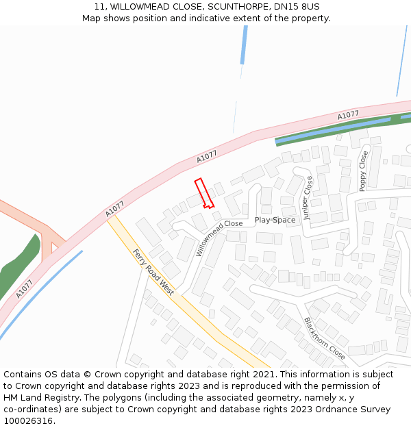 11, WILLOWMEAD CLOSE, SCUNTHORPE, DN15 8US: Location map and indicative extent of plot