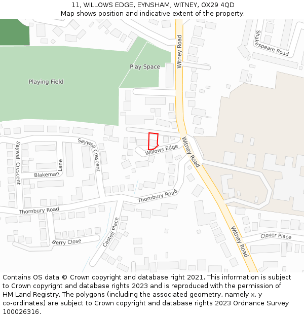 11, WILLOWS EDGE, EYNSHAM, WITNEY, OX29 4QD: Location map and indicative extent of plot