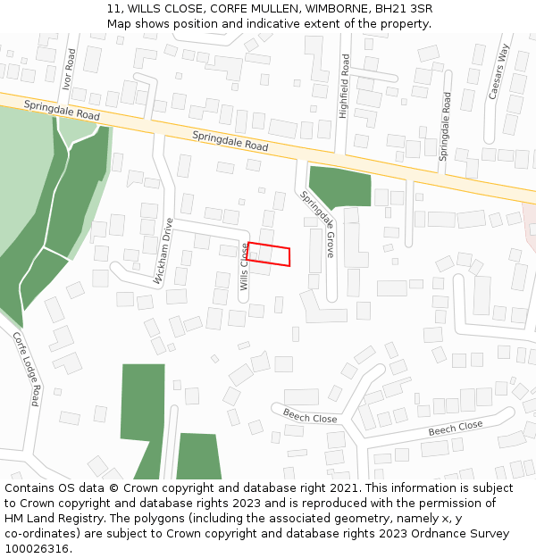 11, WILLS CLOSE, CORFE MULLEN, WIMBORNE, BH21 3SR: Location map and indicative extent of plot