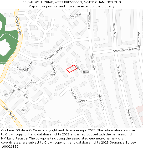 11, WILLWELL DRIVE, WEST BRIDGFORD, NOTTINGHAM, NG2 7HG: Location map and indicative extent of plot