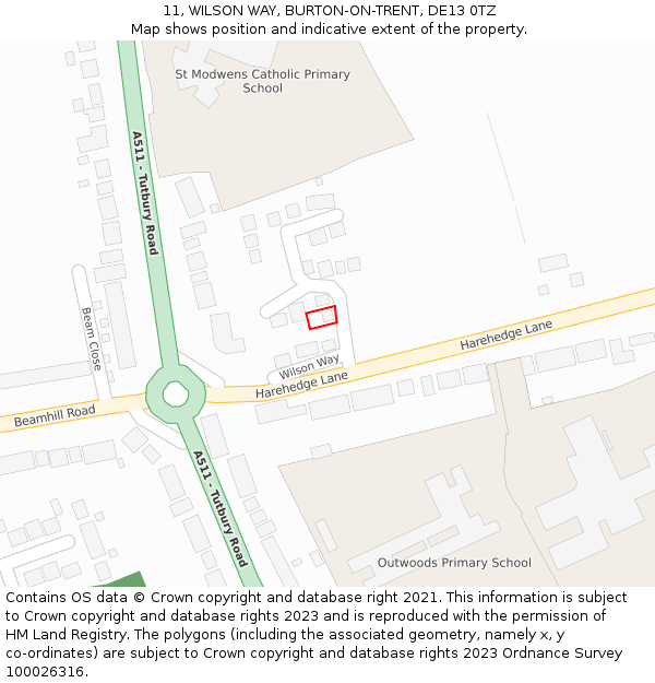 11, WILSON WAY, BURTON-ON-TRENT, DE13 0TZ: Location map and indicative extent of plot