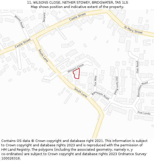 11, WILSONS CLOSE, NETHER STOWEY, BRIDGWATER, TA5 1LS: Location map and indicative extent of plot