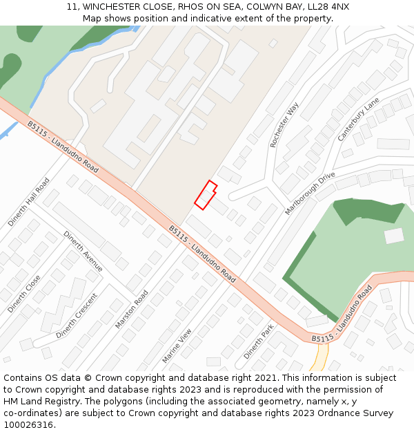 11, WINCHESTER CLOSE, RHOS ON SEA, COLWYN BAY, LL28 4NX: Location map and indicative extent of plot