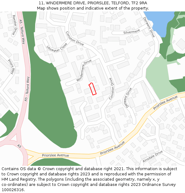 11, WINDERMERE DRIVE, PRIORSLEE, TELFORD, TF2 9RA: Location map and indicative extent of plot