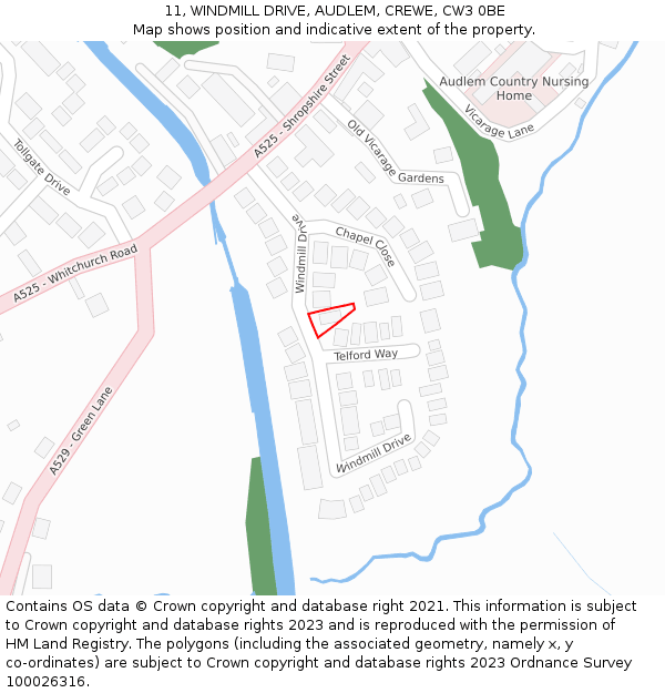 11, WINDMILL DRIVE, AUDLEM, CREWE, CW3 0BE: Location map and indicative extent of plot