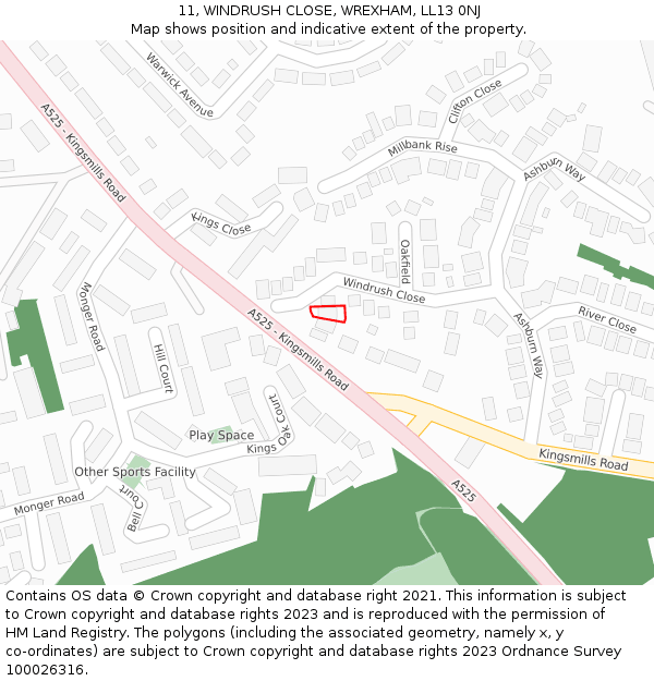 11, WINDRUSH CLOSE, WREXHAM, LL13 0NJ: Location map and indicative extent of plot