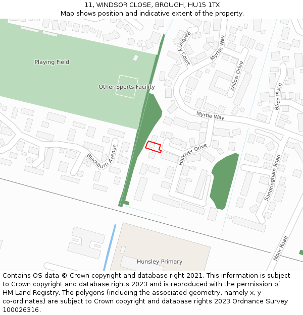 11, WINDSOR CLOSE, BROUGH, HU15 1TX: Location map and indicative extent of plot