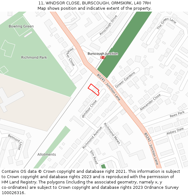 11, WINDSOR CLOSE, BURSCOUGH, ORMSKIRK, L40 7RH: Location map and indicative extent of plot