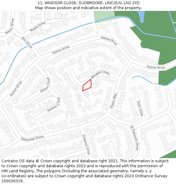 11, WINDSOR CLOSE, SUDBROOKE, LINCOLN, LN2 2YD: Location map and indicative extent of plot