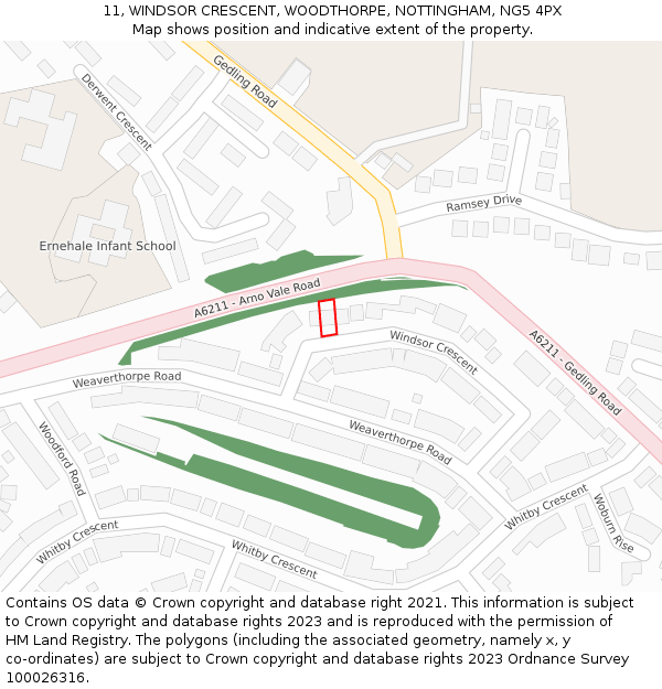 11, WINDSOR CRESCENT, WOODTHORPE, NOTTINGHAM, NG5 4PX: Location map and indicative extent of plot