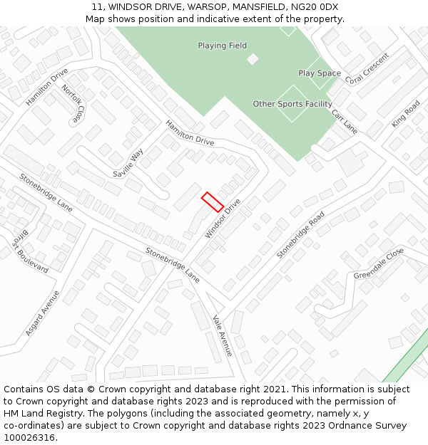 11, WINDSOR DRIVE, WARSOP, MANSFIELD, NG20 0DX: Location map and indicative extent of plot
