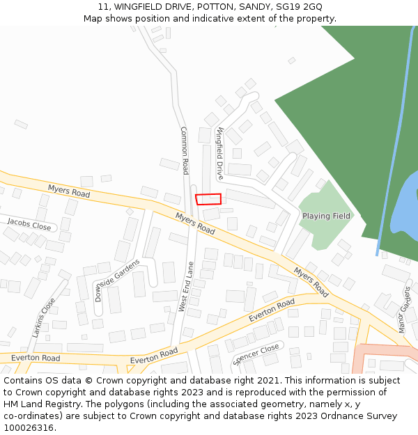 11, WINGFIELD DRIVE, POTTON, SANDY, SG19 2GQ: Location map and indicative extent of plot