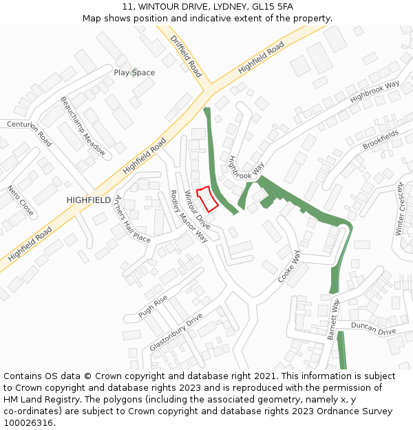 11, WINTOUR DRIVE, LYDNEY, GL15 5FA: Location map and indicative extent of plot