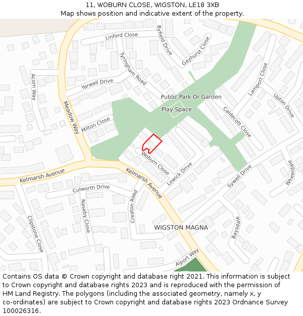 11, WOBURN CLOSE, WIGSTON, LE18 3XB: Location map and indicative extent of plot