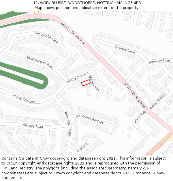 11, WOBURN RISE, WOODTHORPE, NOTTINGHAM, NG5 4PS: Location map and indicative extent of plot