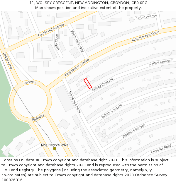 11, WOLSEY CRESCENT, NEW ADDINGTON, CROYDON, CR0 0PG: Location map and indicative extent of plot