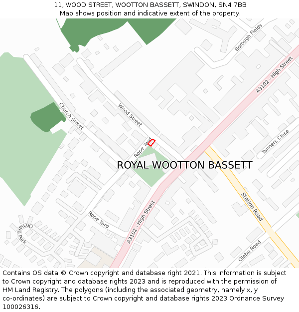 11, WOOD STREET, WOOTTON BASSETT, SWINDON, SN4 7BB: Location map and indicative extent of plot