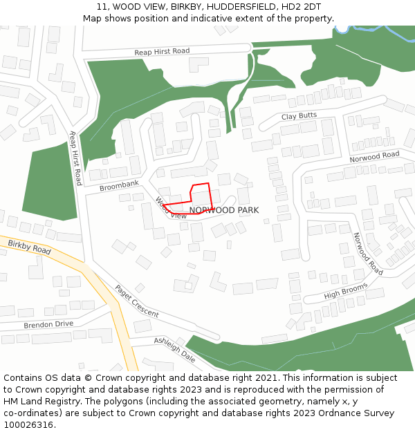 11, WOOD VIEW, BIRKBY, HUDDERSFIELD, HD2 2DT: Location map and indicative extent of plot