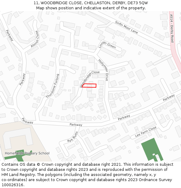 11, WOODBRIDGE CLOSE, CHELLASTON, DERBY, DE73 5QW: Location map and indicative extent of plot