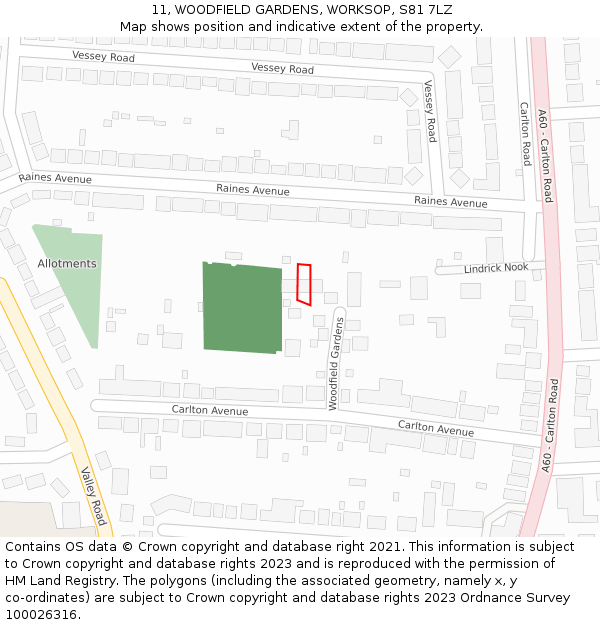 11, WOODFIELD GARDENS, WORKSOP, S81 7LZ: Location map and indicative extent of plot