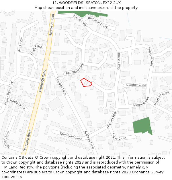 11, WOODFIELDS, SEATON, EX12 2UX: Location map and indicative extent of plot