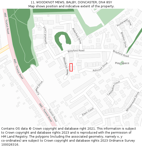 11, WOODKNOT MEWS, BALBY, DONCASTER, DN4 8SY: Location map and indicative extent of plot