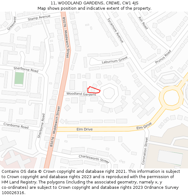 11, WOODLAND GARDENS, CREWE, CW1 4JS: Location map and indicative extent of plot