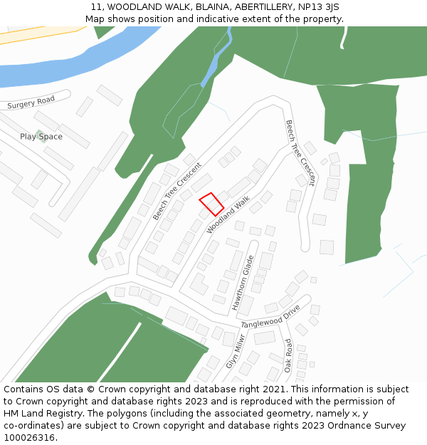 11, WOODLAND WALK, BLAINA, ABERTILLERY, NP13 3JS: Location map and indicative extent of plot