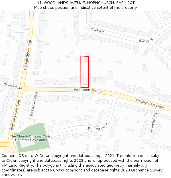 11, WOODLANDS AVENUE, HORNCHURCH, RM11 2QT: Location map and indicative extent of plot