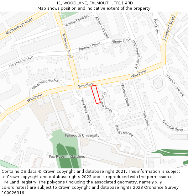 11, WOODLANE, FALMOUTH, TR11 4RD: Location map and indicative extent of plot