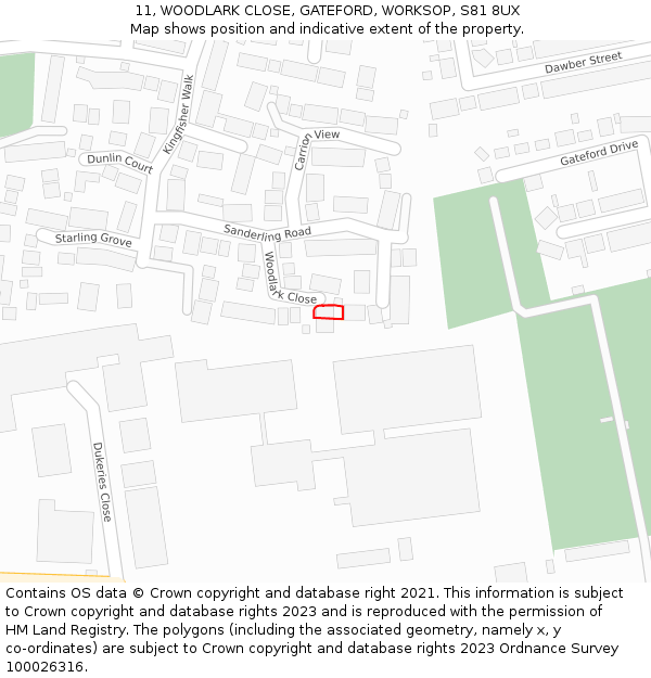 11, WOODLARK CLOSE, GATEFORD, WORKSOP, S81 8UX: Location map and indicative extent of plot