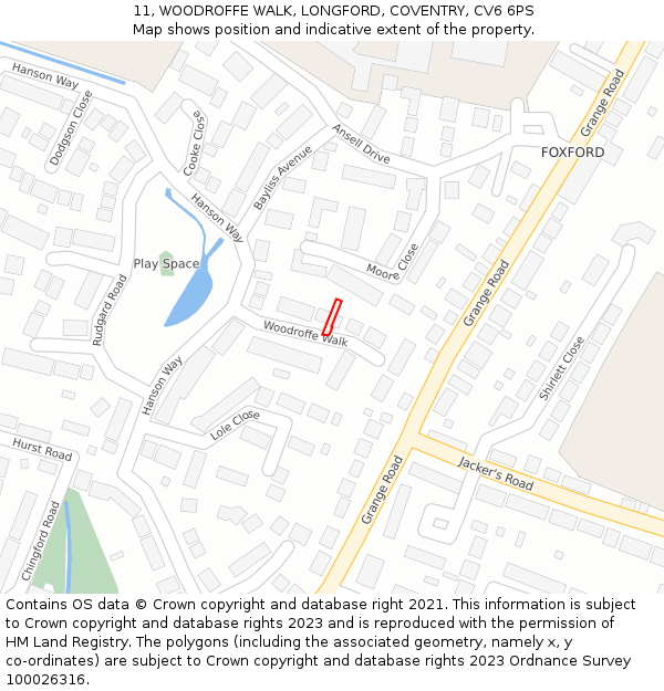 11, WOODROFFE WALK, LONGFORD, COVENTRY, CV6 6PS: Location map and indicative extent of plot