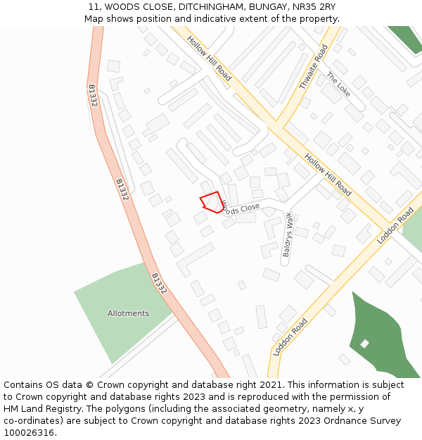 11, WOODS CLOSE, DITCHINGHAM, BUNGAY, NR35 2RY: Location map and indicative extent of plot