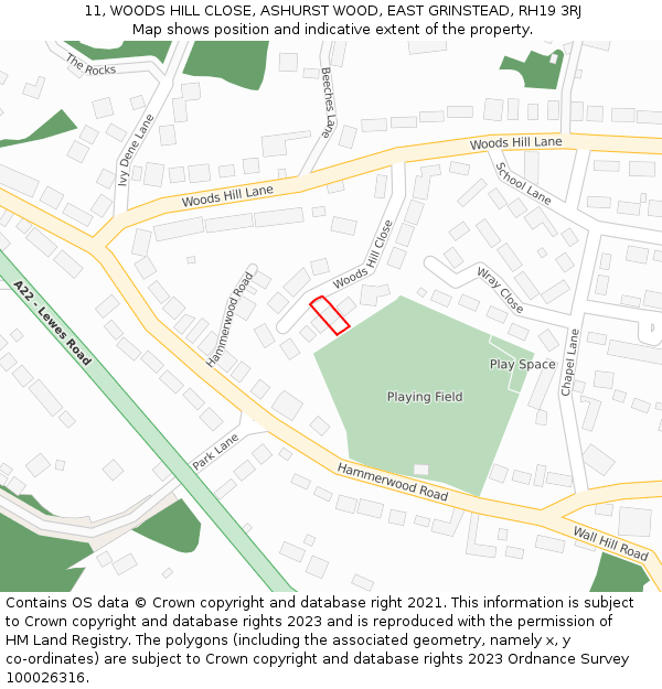 11, WOODS HILL CLOSE, ASHURST WOOD, EAST GRINSTEAD, RH19 3RJ: Location map and indicative extent of plot