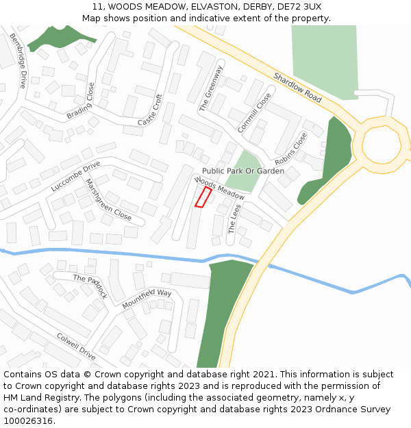 11, WOODS MEADOW, ELVASTON, DERBY, DE72 3UX: Location map and indicative extent of plot